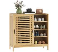 HOMCOM Zapatero con 2 Puertas Correderas de Lamas Estantes Ajustables para 16 Pares de Zapatos 80x35x80 cm Natural cafe ligero 80X35X80 cm