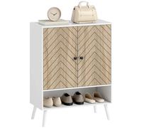 HOMCOM Zapatero de 2 Puertas con Diseño en Espiga, Zapatero Entrada Recibidor con Estantes Ajustables, Compartimento Abierto Blanco y Natural 75x35x97 cm