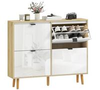 HOMCOM Zapatero Estrecho 4 Puertas Abatibles en Blanco Brillo 105x24x92,5 c | Entrada Recibidor, Estantes Ajustables, Zapatero con Patas de Madera para 20 Pares de Zapatos