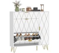 HOMCOM Zapatero Estrecho con 2 Cajones Abatibles, Mueble Zapatero Moderno con Armario y Estantes Ajustables, 10-14 Pares de Zapatos, para Pasillo, Entrada, 110x25x110,6 cm, Blanco