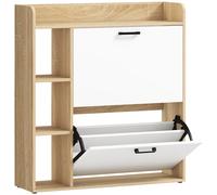 HOMCOM Zapatero Estrecho con 2 Puertas 3 Estantes Laterales y Estantes Ajustables para 15 Pares de Zapatos Natural y Blanco