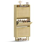 HOMCOM Zapatero Estrecho con 3 Cajones Abatibles, Zapatero de Recibidor Entrada con Estante Abierto, Patas de Madera, para 12-18 Pares de Zapatos, 65x24,5x153 cm, Roble