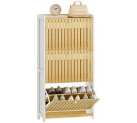 HOMCOM Zapatero Estrecho con 3 Puertas de Bambú con Listones Estantes Ajustables para 18 Pares de Zapatos Blanco y Natural BLANCO 60x24x118 cm