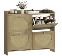 HOMCOM Zapatero Estrecho con 4 Puertas de Ratán Estantes Ajustables Natural cafe ligero 104.5x24x88 cm