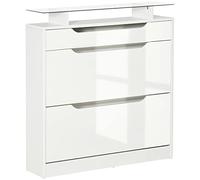 HOMCOM Zapatero Estrecho de 2 Puertas para 16 Pares 89x23x96 cm Blanco | Mueble Zapatero, Cajón, Estante Abierto, Encimera de Vidrio, para Pasillo Entrada