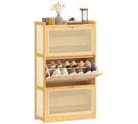 HOMCOM Zapatero Estrecho de Bambú con 3 Cajones Abatibles de Ratán, Mueble Zapatero Bohemio con Estantes Ajustables, para 18-21 Pares de Zapatos, para Pasillos, Entradas, 69x29x119,8 cm, Natural Mader