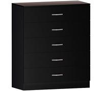 Home Discount Vida Designs Cómoda cajones Baúl Negro, 5 Asas y Corredores de Metal, Soporte único antiarco, Muebles de Dormitorio Riano, Plata, Black, H 90cm x W 75cm x D 36cm
