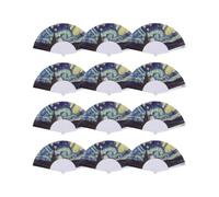 Home Universal® PACK de 12 abanicos de plástico estampado de 23 cm, en variedad de colores, ideales para fiestas, festivales, bodas y eventos temáticos. (La noche estrellada)