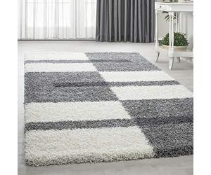 HomebyHome Alfombra de Pelo Largo 200x290 cm Gris Claro Suave Shaggy Flokati a Cuadros Alfombra Grande para Salón Dormitorio o Comedor Fácil de Limpiar y Moderna