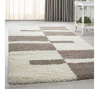 HomebyHome Alfombra Grande Shaggy 200x290 cm Beige Crema Estilo flokati a Cuadros, Alto Confort, Mantenimiento fácil, Ideal para Espacios amplios