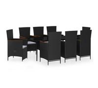 HOMELEN Juego de muebles de jardín de 9 piezas + vajilla resistente a la intemperie + muebles de jardín de ratán sintético negro con cojín + marco de acero recubierto de polvo + placa de cristal +