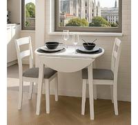 Homely - Conjunto de Comedor Dallas White | Mesa de Cocina Redonda Extensible de 90 cm (17,5/55 / 17,5) cm. | Mesa con 2 alas abatibles | 2 sillas de Cocina/Comedor de Madera Lacado en Blanco