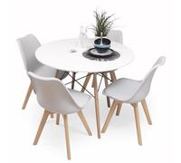 Homely® Conjunto de Comedor Tower-Day 100 Madera |4 sillas de Comedor Nórdicas Day | Mesa Tower redonda lacada 100 cm. | Diseño NÓRDICO ESCANDINAVO | Pack de Comedor o Cocina| Color Gris Claro
