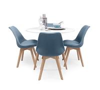 Homely - Conjunto de Comedor Tower White 100 New Day Mesa Redonda lacada en Blanco de 100 cm y 4 sillas New Day Tela (Azul Turquesa)