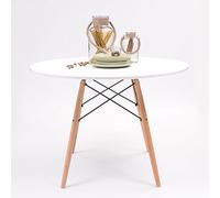 Homely | Mesa de Comedor o Cocina Redonda-Tower | Mesa nórdica con Tapa Lacada Blanca, Patas Madera de Haya y Refuerzos Metálicos en Negro | Diámetro 100 cm