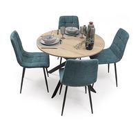 Homely® | Pack Comedor Moderno Core con Mesa Redonda 100 cm. Tapa Artisan y 4 Sillas Tapizadas Acolchadas Color Azul Cobalto | Conjunto Mesa Comedor Estilo Nórdico Industrial | Cocina y Salón
