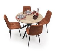 Homely® | Pack Comedor Moderno Core con Mesa Redonda 100 cm. Tapa Artisan y 4 Sillas Tapizadas Acolchadas Color Caldera | Conjunto Mesa Comedor Estilo Nórdico Industrial | Cocina y Salón