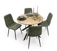 Homely® | Pack Comedor Moderno Core con Mesa Redonda 100 cm. Tapa Artisan y 4 Sillas Tapizadas Acolchadas Color Verde Musgo | Conjunto Mesa Comedor Estilo Nórdico Industrial | Cocina y Salón
