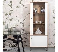 Homely - Vitrina Alta Bilbo | Diseño Moderno | 2 Puertas, 1 con Cristal | Laminado sintético Color Roble | Frentes en DM Lacado Blanco Mate | Relieves geométricos | Patas metálicas Color Negro