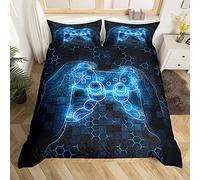 Homemissing Gamer,Juego de funda nórdica para niños, juego de cama de 140x200 cm, consola de juegos Honeycomb, decoración de juegos, color azul y negro hexágono geométrico