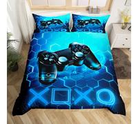 Homemissing Juego de funda nórdica para niños Gamer azul, juego de vídeo, juego de cama, 140x200 cm, consola de juegos Honeycomb, juego de funda nórdica, geométrica, con 1 funda de almohada