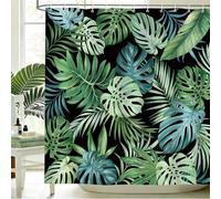 hometrixx Cortina de Ducha Verano Tropical 180 x 200cm Selva Hojas de Monstera Palma Planta Verde Fondo Negro Impermeable Poliéster Cortina Bañera con 12 Ganchos Lavable a Máquina para Baño Bañera