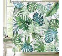 hometrixx Cortina de Ducha Verano Tropical 180 x 200cm Selva Hojas de Monstera Palma Planta Verde Fondo Blanco Impermeable Poliéster Cortina Bañera con 12 Ganchos Lavable a Máquina para Baño Bañera