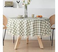 hometrixx Mantel Redondo 140cm - Cuadros Verdes, Impermeable & Antimanchas, Flecos, Tejido Algodón-Lino, Sin Lavado