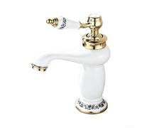 HomeVortex Grifo de baño de latón antiguo, 25 x 20 x 7 cm | Mango de porcelana blanca, grifo mezclador de lavabo de un solo agujero, diseño floral vintage para fregadero de cocina