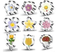 HomeVortex Juego de galletas de flores de acero inoxidable, 9 piezas de tulipán clavel lirio moldes para hornear pasteles de bricolaje fondant sándwich, herramientas de cocina de borde liso