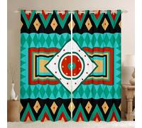 Homewish Cortinas aztecas bohemias para ventana, 46 x 72 pulgadas, juego de 2 paneles, cortinas opacas occidentales con cuadrícula verde, cortinas opacas del suroeste, nativas, aztecas, cortinas de