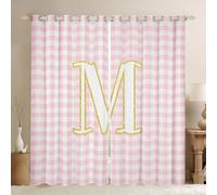 Homewish Cortinas de ventana a cuadros blancos y rosas de 52 x 63 pulgadas, juegos de 2 paneles - Cortinas opacas con letra M inicial M, cuadros de cuadrícula personalizada, cortinas estéticas