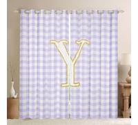 Homewish Cortinas de ventana a cuadros color morado y blanco de 66 x 72 pulgadas, juego de 2 paneles - Cortinas opacas con letra inicial Y, cortinas opacas con cuadrícula del alfabeto, cortinas de
