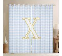 Homewish Cortinas de ventana con letra inicial X de 52 x 90 pulgadas, juegos de 2 paneles, cortinas opacas con cuadrícula azul y blanca, cortinas opacas de rejilla de búfalo, cortinas de cuadros