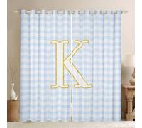 Homewish Cortinas de ventana de cuadrícula azul de 52 x 63 pulgadas, juegos de 2 paneles - Cortinas opacas a cuadros con letra K inicial K, cortinas opacas a cuadros de búfalo para ventana de