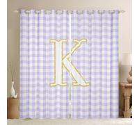 Homewish Cortinas de ventana de cuadrícula morada de 52 x 63 pulgadas, juegos de 2 paneles - Cortinas opacas a cuadros con letra K inicial K, cortinas opacas a cuadros de búfalo para ventana de