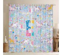 Homewish Cortinas de ventana de unicornio Kawaii azul de 52 x 90 pulgadas, juegos de 2 paneles - Costom Monograma E Unicornio, cortinas opacas con diseño de flores y arco iris, cortinas coloridas para