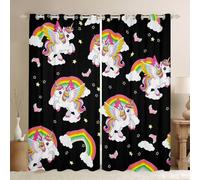 Homewish Cortinas de ventana de unicornios de 52 x 90 pulgadas, juegos de 2 paneles, bonitas cortinas opacas de arco iris, estampado de estrellas de dibujos animados, cortinas de tratamiento de