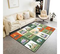 Homewish Happy Camping - Alfombra de área de 100 x 150 cm para dormitorio, sala de estar, tienda de campaña, estilo retro, moderna, alfombra de suelo para casa de campo, bosque de pinos, alfombras