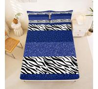 Homewish Juego de ropa de cama doble con estampado de leopardo azul rey, sábana bajera ajustable con estampado de leopardo y cebra negra y blanca para niños, adolescentes y niñas, funda de cama con