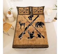 Homewish Juego de sábanas bajeras de caza con caña de pescar, tamaño individual, ciervo, oso, pez, pato, vintage, cabaña, rústico, para niños y niñas, funda de cama retro, 2 piezas