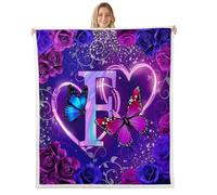 Homewish Manta de felpa mullida con diseño floral de mariposa personalizada con letra F con letra F galaxia, morado, azul, rosa, rosa, decoración romántica para cama, sofá, tamaño Queen, 90 x 90