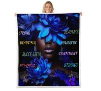 Homewish Manta estética negra de sherpa para niñas, color azul real, floral, mullida, manta de forro polar con palabras empoderadoras, bonita decoración de mariposa para cama, sofá, tamaño Queen, 90 x