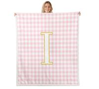 Homewish Manta geométrica de forro polar rosa a cuadros, tamaño Queen, 90 x 90 pulgadas, inicial I, letra I, manta Sherpa a cuadros con monograma personalizado, decoración estética moderna a cuadros