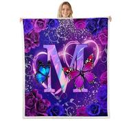 Homewish Manta Sherpa con inicial de mariposa con letra M y rosa, manta de felpa personalizada con monograma, decoración romántica de galaxia para cama, sofá, tamaño Queen, 90 x 90 pulgadas