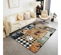 Homewish Retro Lodge - Alfombra grande de retazos para sala de estar, 150 x | Alfombra rústica occidental con diseño de oso y ciervo, diseño de animales silvestres, con letra N, no se desprende