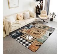 Homewish Retro Lodge - Alfombra grande de retazos para sala de estar, 150 x | Alfombra rústica occidental con diseño de oso y ciervo, diseño de animales silvestres, letra U, no se desprende, para pasillo