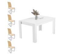 Homey - Pack Mesa de Comedor o Salón, Modelo Teide, Color Blanco + 4 Sillas Tapizadas Acabadas en Beige, Modelo Skadi, con Patas Cromadas