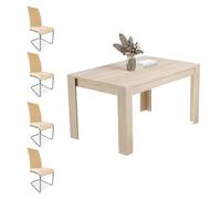 Homey - Pack Mesa de Comedor o Salón, Modelo Teide, Color Cambria + 4 Sillas Tapizadas Acabadas en Beige, Modelo Skadi, con Patas Cromadas