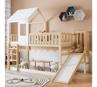 Homgoday Litera con Tobogán y Ventana, Cama Tipo Casita 90x200cm, Madera Natural y Blanca, Estructura sin Somier, Escalera de Tres Peldaños, Segura y Divertida para Niños